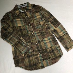 Plaid Patchwork Tan Green Button Down Shirt